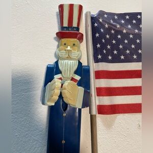 EUC Patriotic Uncle Sam Wooden Wall Hanging w/American Flag Outdoor/Indoor Use
